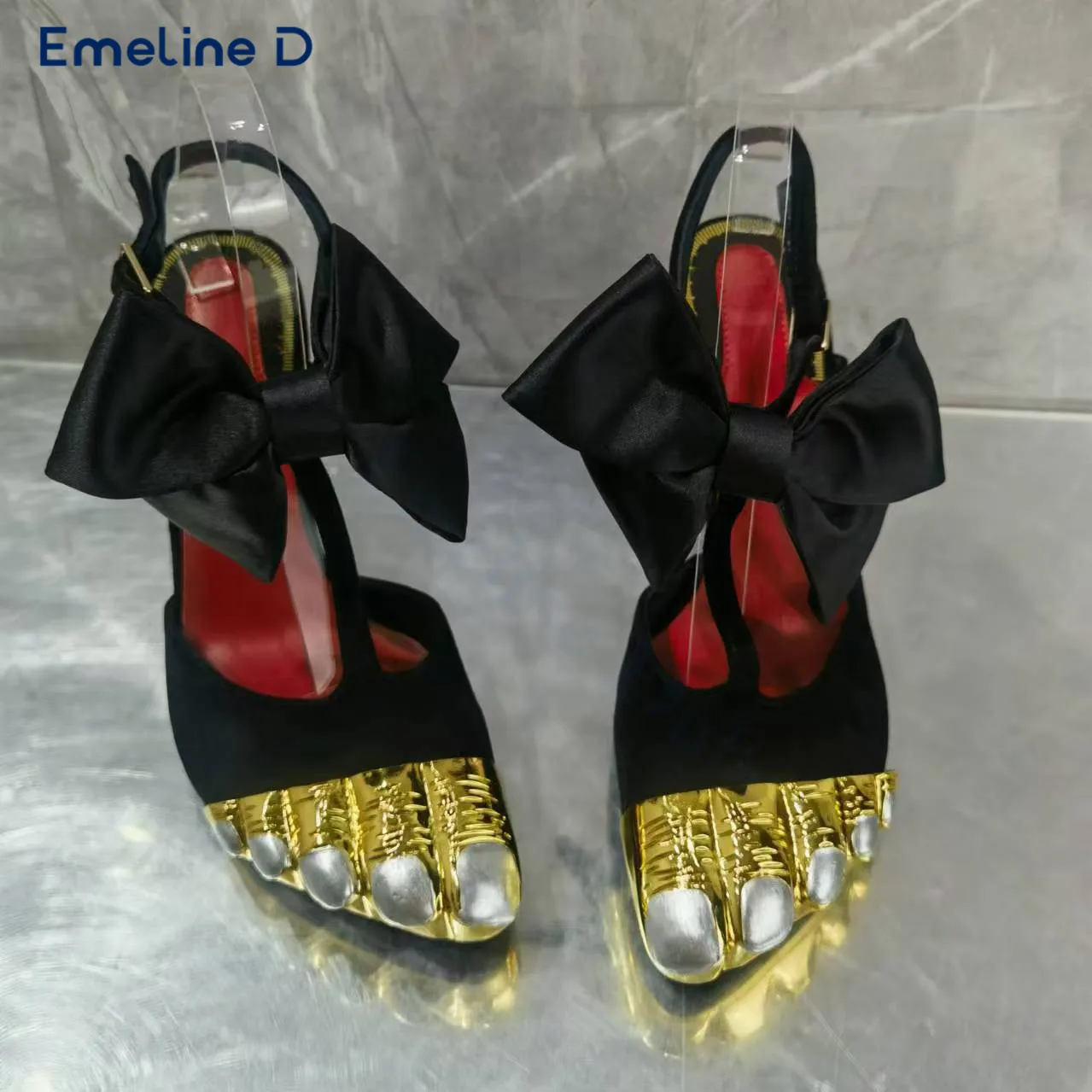 

Gold Toe Bowknot T-Strap Sandals Black Suede Ankle Buckle Sexy High Heels Elegant Fashion Large Size Women's Shoes