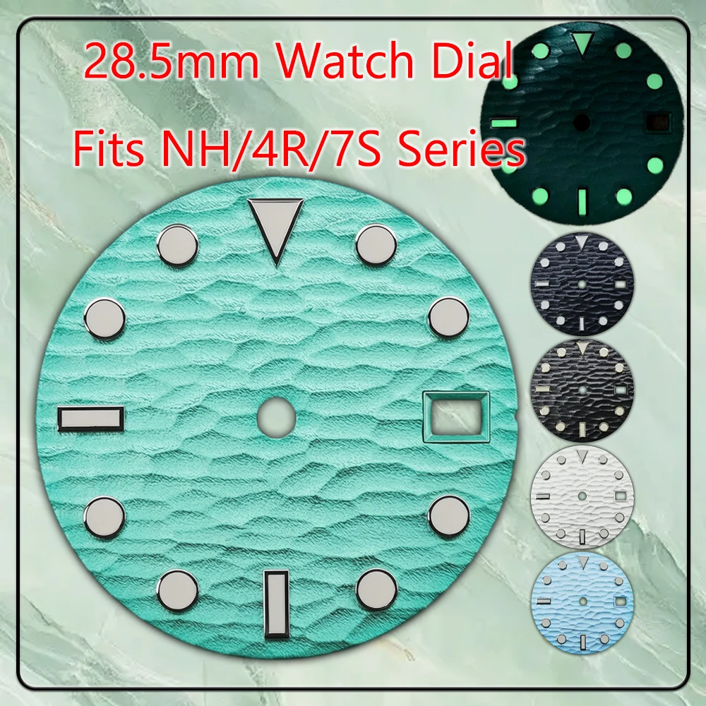 28.5mm Wave Texture Diver Dial Green Lume Triangle Marker Date At 3 Fits NH35 NH36 4R 7S 3 3.8 4.2 Crown Watch Mod Accessories