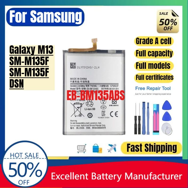 0 Cycle EB BM135ABS Battery for Samsung Galaxy M13 SM M135F M135F DSN Phone Replacement Lithium Polymer Grade A Cell with Tools
