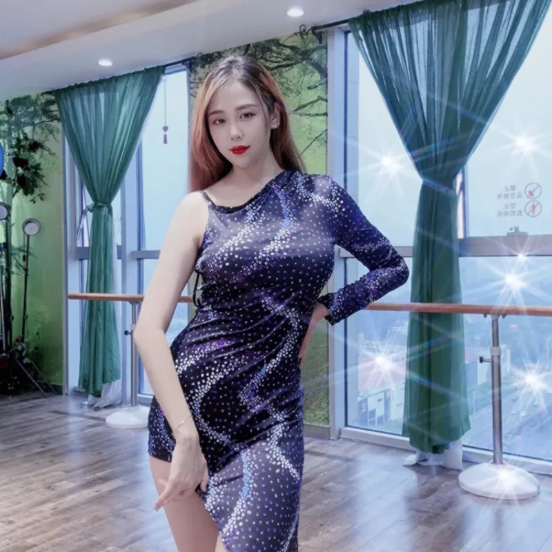 Customized Belly Dance Costumes Milk Silk Screen Flower Dew Back Dress Black Blue with Chest Cotton Sexy Slanted Skirt