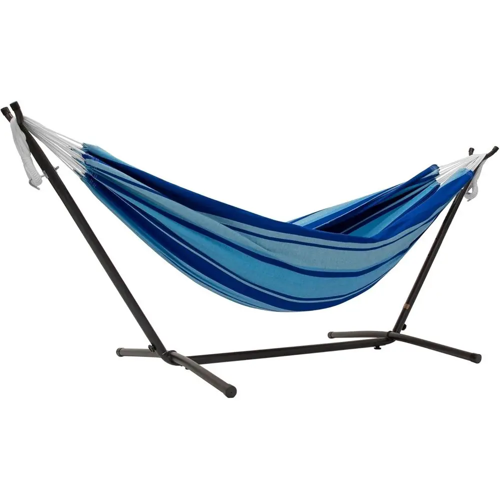 Double Cotton Hammock with Space-Saving Steel Stand, Polyester End Strings, 450 lb Capacity - Premium Carry Bag Included