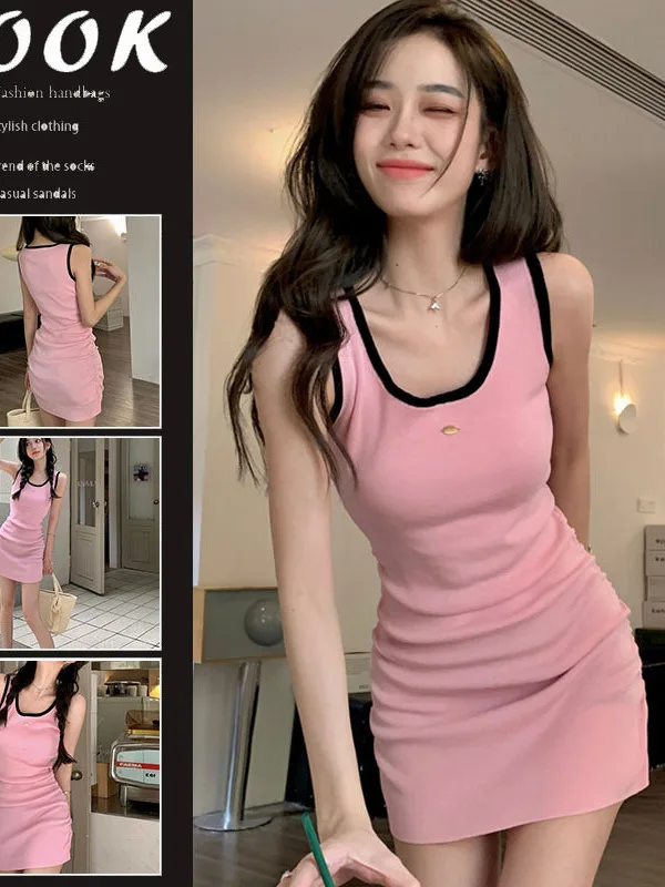 Pink Sweet Girl Knitted U-neck Tank Top Pleated Dress Women's Korean Style Summer Slim Fit Wrap Hip Contrast Short Skirt O4ZZ