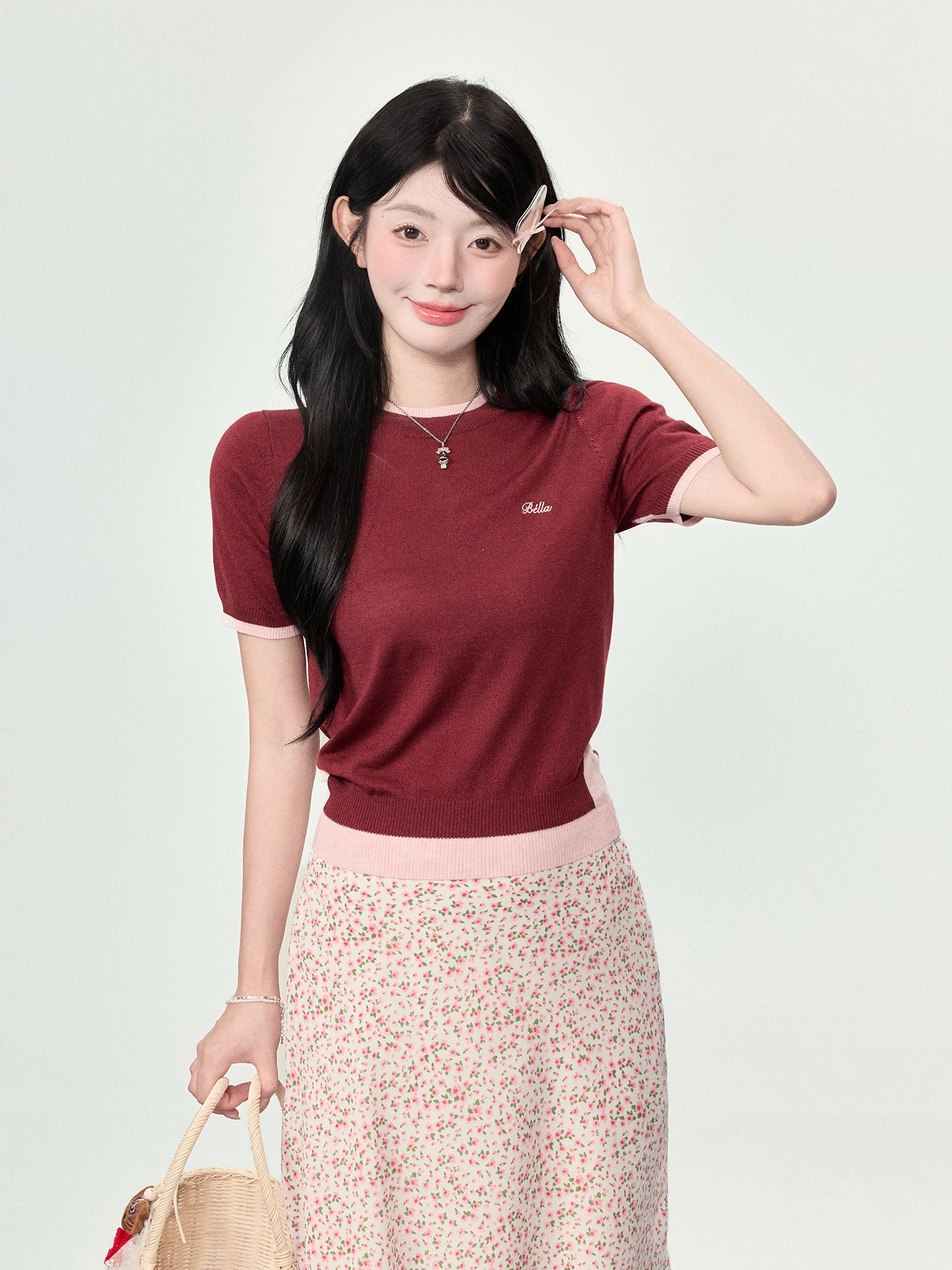 

Swee Red Knitted ort Sve T-irt Women's Summer College Sle Slimming ort Top Cute Japanese Sle Loose Fit Pure Color