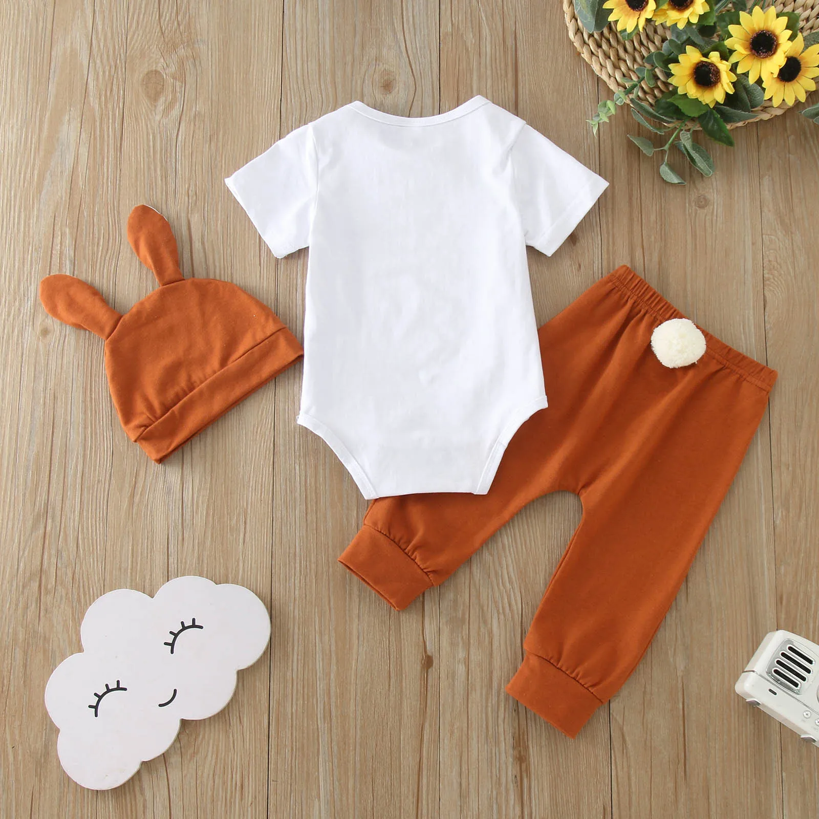 3 6 9 12 Months Infant Baby Boys Easter Clothes Sets Short Sleeve Letter Rabbit Print Romper Elastic Band Pants Hat 3pcs Outfits