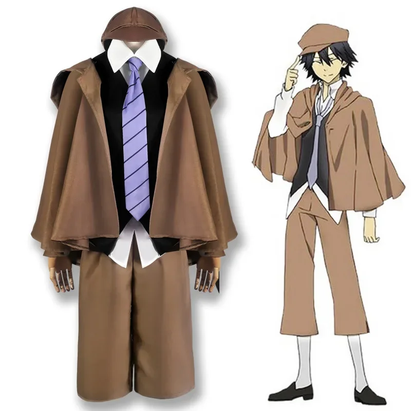 Disfraz de Cosplay de dibujos animados de Bungo Stray Dogs Edogawa Rampo, sombrero exquisito, capa, chaleco, camisa, pantalones, corbata, traje de fiesta Rave de Anime para Halloween