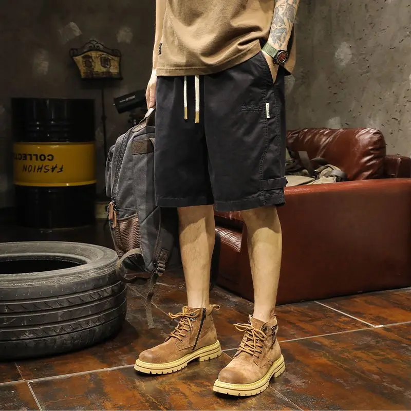 2026 Summer Men's Cargo Shorts Pure Cotton American Retro Style Mid Length Casual Shorts