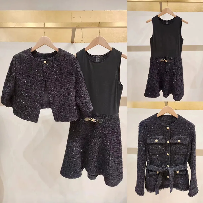 

Autumn 2024 Women Two Piece Set O-Neck Sleeveless High Waist Mini Dress and Split Tweed Coat or Lace-up Single Breasted Jacket