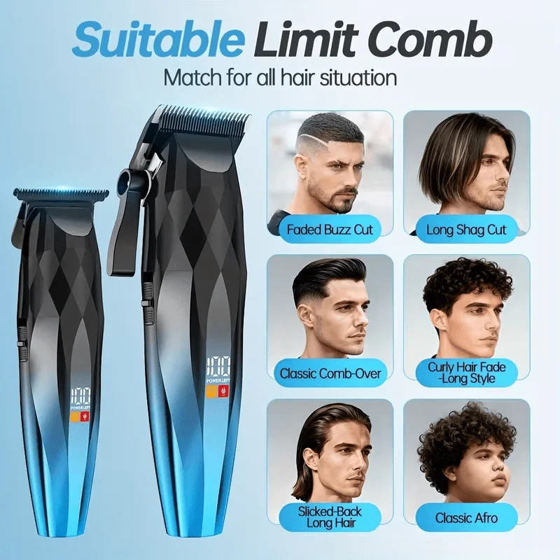 Professional Hair Clippers Set Cordless USB Rechargeable T-Blade Outline Trimmer for Haircut Beard Grooming Styling High Power