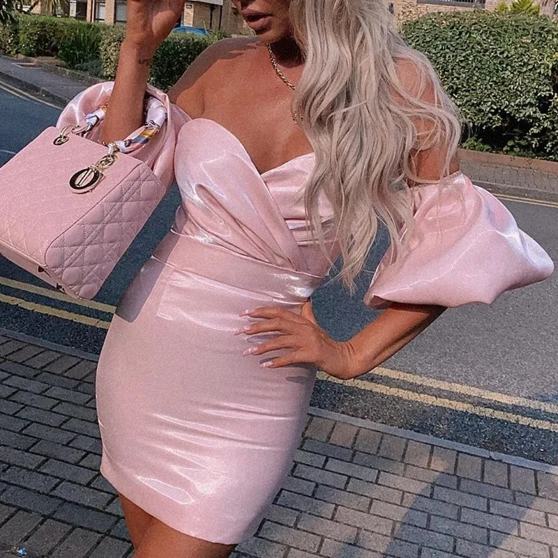 SKMY Clothes Women 2024 Slash Neck Off The Shoulder Pleated Pink Dress Sexy Lantern Sleeve Satin Bodycon Dress Party Clubwear