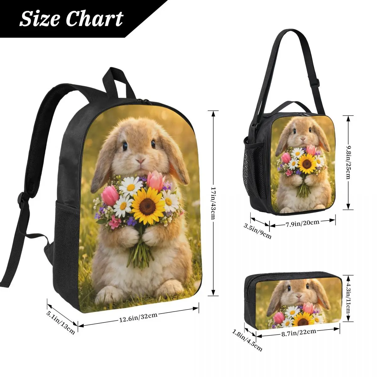 Kawaii Bunny And Flower Realistic Backpack Student BookBag School Bag Laptop Shoulder Bags 3ps Insulated Lunch Bag Pencil Case