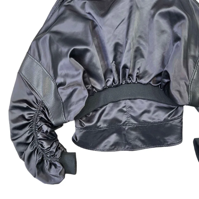 HKSH Otoño Invierno nueva chaqueta de cuero PU para mujer nicho de marea cintura ajustada Patchwork manga fruncida béisbol moda abrigo elegante HK12770