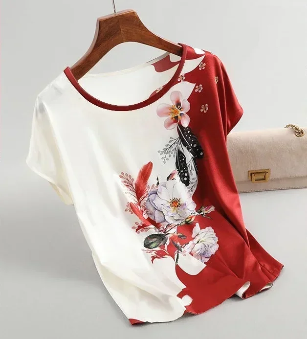 Print Floral Blouse Women Silk Satin Blouses Plus size Batwing sleeve Vintage Ladies Casual Short sleeve Tops