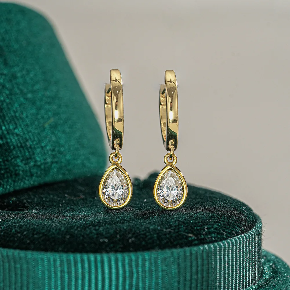 

14K Gold Plated 925 Sterling Silver Teardrop Moissanite Drop Hoop Earrings | Elegant Sparkling Dangle Jewelry for Women & Gifts