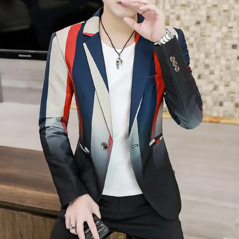 Korean Fashion Striped Men Blazers Slim Fit Casual Suit Jacket Business Blazer Male Wedding Social Stage Singer Dress Coats 2023