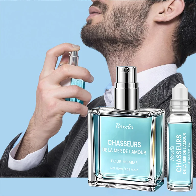Set de regalo de Colonia para hombre, botella grande de 50 ml y muestra roll-on de 10 ml, fragancia fresca y ligera de larga duración, perfume portátil diario