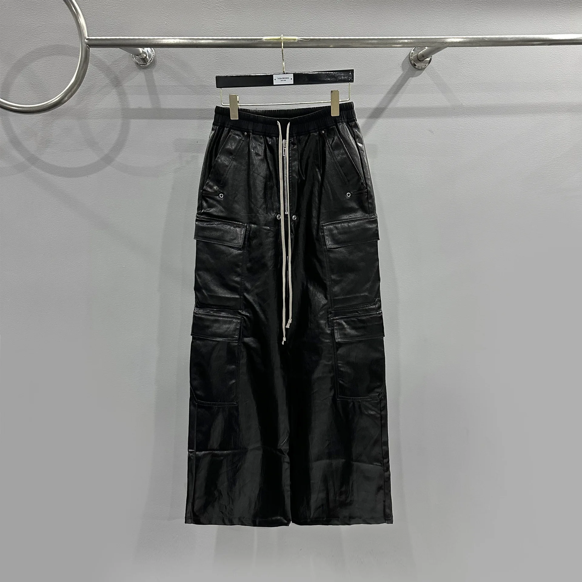 

Rick Wide-leg Pants Y2K High Street Multi-pocket Owens Trouser Fashion Wax-coated Biker Slacks Streetwear Hip Hop RO Trousers