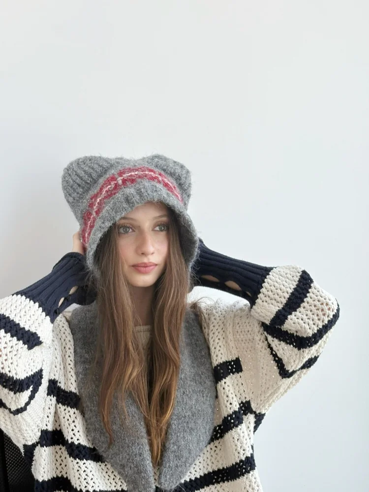 مجموعة قبعات وشاح متماسكة على شكل دب لطيف للنساء - قبعة شتوية دافئة وأنيقة مع صوف 35%، رمادي - الكل في واحد لتدفئة الرقبة وها #4