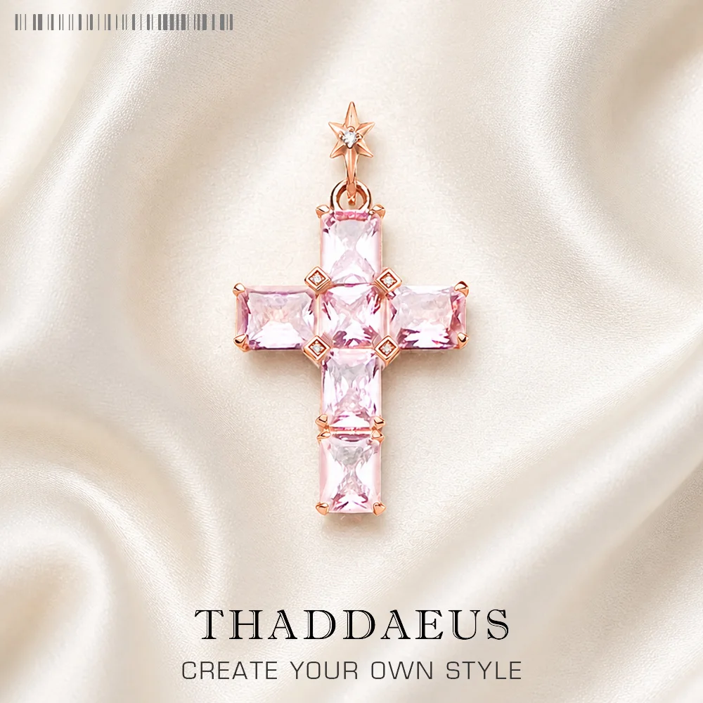 Pendant Cross With Pink Stones And Star Rose Gold Plated Brand New Fine Jewelry Europe 925 Sterling Silver Gift For Woman
