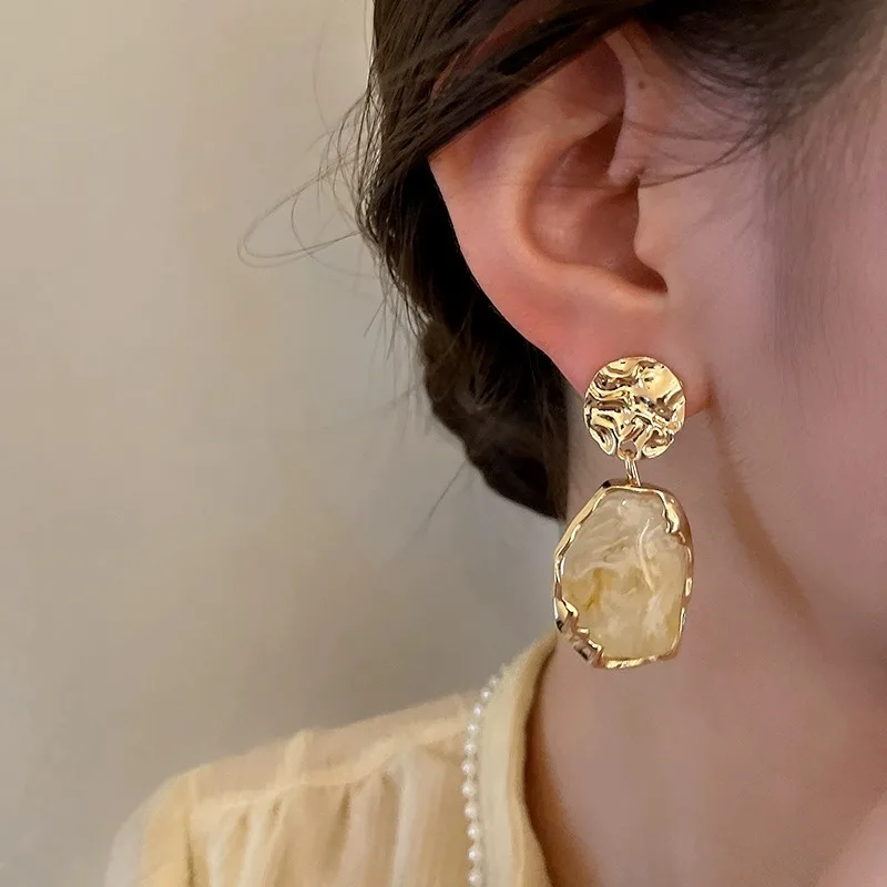 Minimalist Chic Irregular Stone Dangle Earrings | Gold Plated Shiny Resin Drop Earrings | Perfect for Daily Party Gift Women