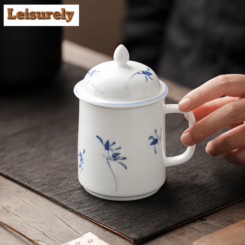 220ml Pure Hand-painted Butterfly Orchid Office Cup Dehua White Porcelain Mug with Lid Personal Tea Water Separation Filter Mug