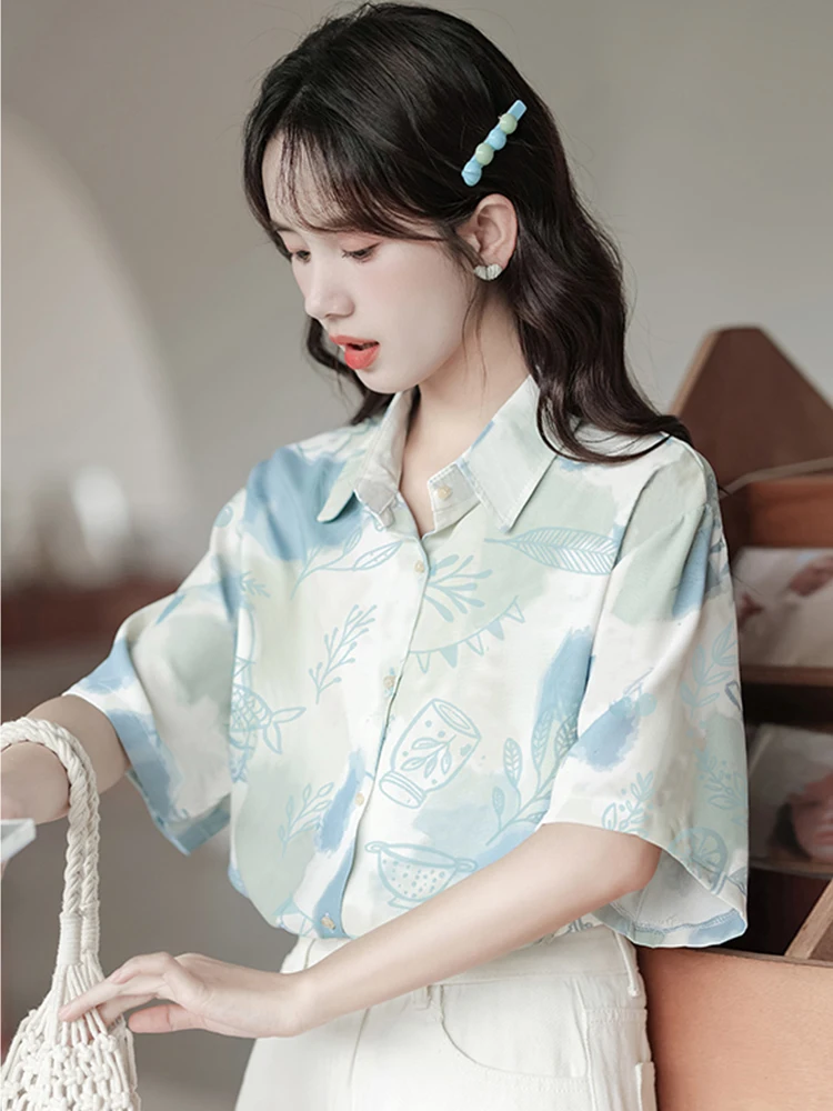 

Retro Collar Short Sleeve Printed Shirt Women's Loose Fit Versatile Half Sleeve Trendy Top Commute Style Korean Version
