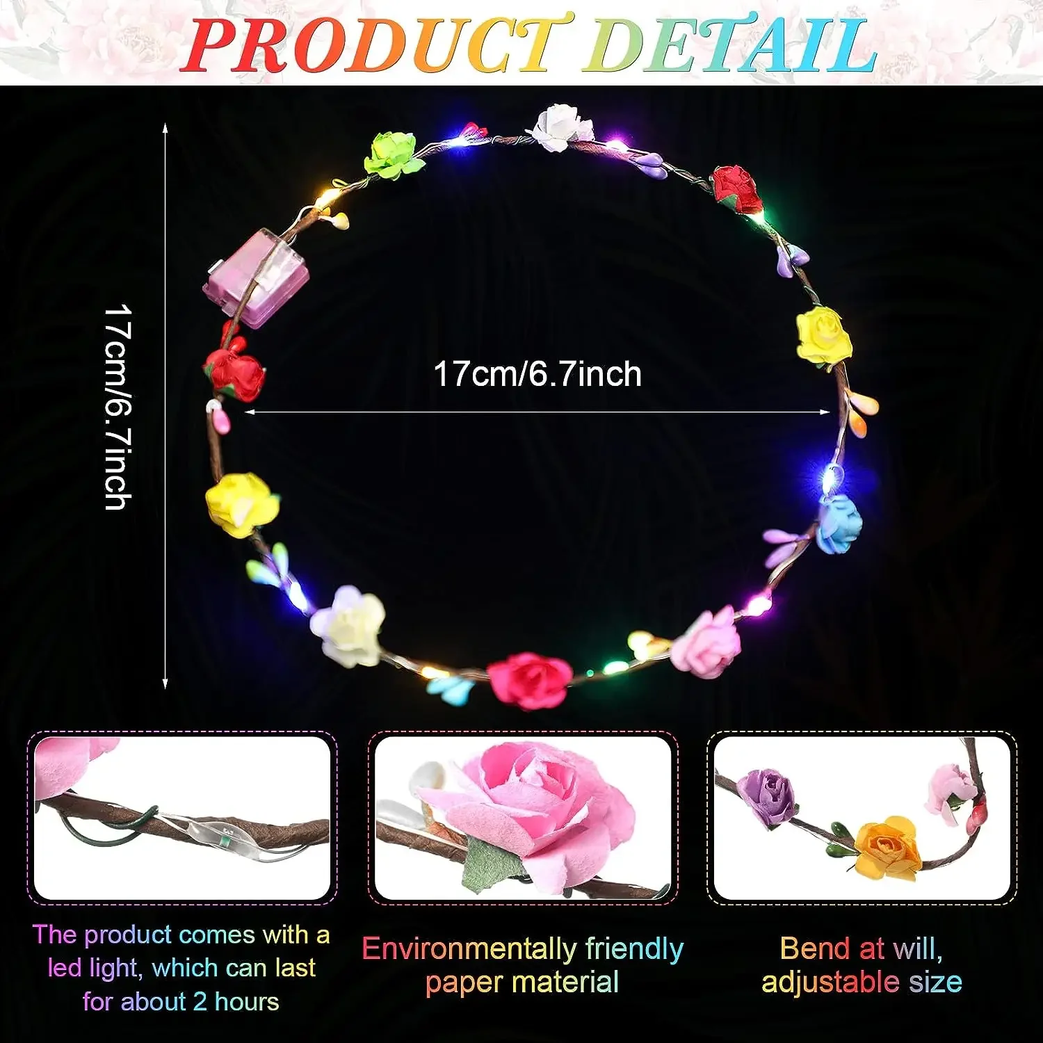 20Pcs LED Flower Crown Headband Light up Fairy Floral Headpiece Wreath Headdress Hair Wreath for Women Girl Birthday Party