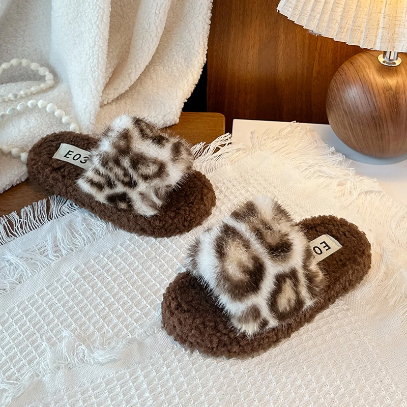 الأطفال ليوبارد نِعال من الفراء 3-18 سنة البيج ملابس خارجية الفتيان والفتيات أحذية قطنية الكاري لينة عدم الانزلاق الاطفال النعال #6