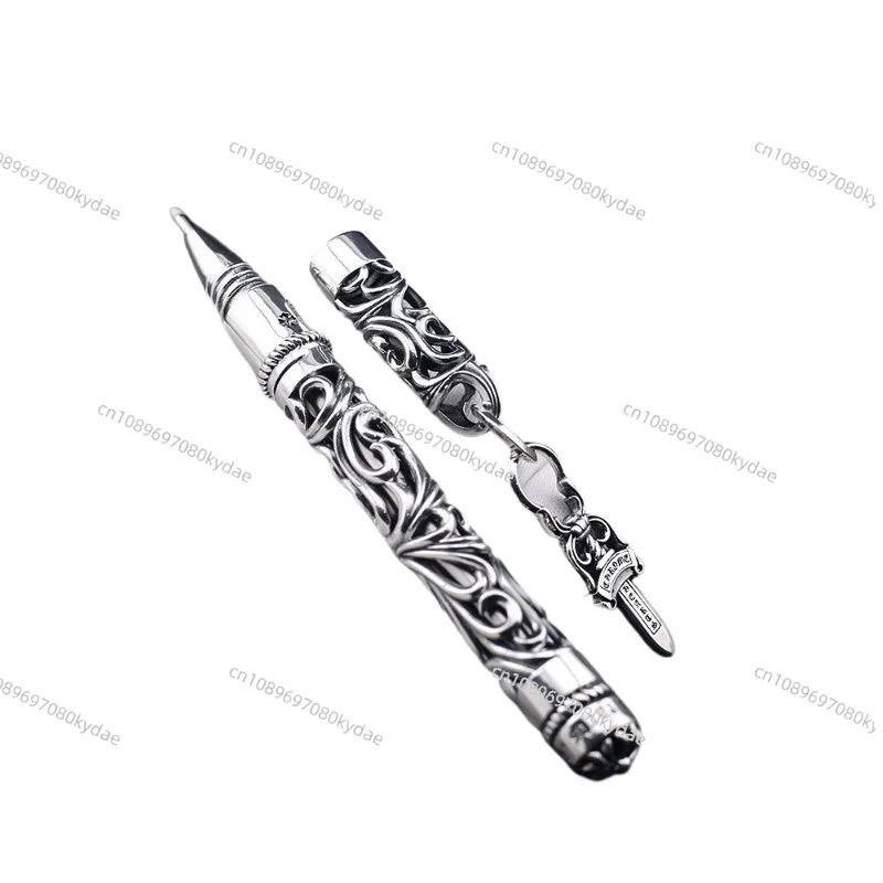 

Винтажная полая металлическая ручка с гравировкой креста из серебра 925, фирменная ручка, шариковая ручка, высококачественная деловая нейтральная ручка для пола, подарок для мужчин