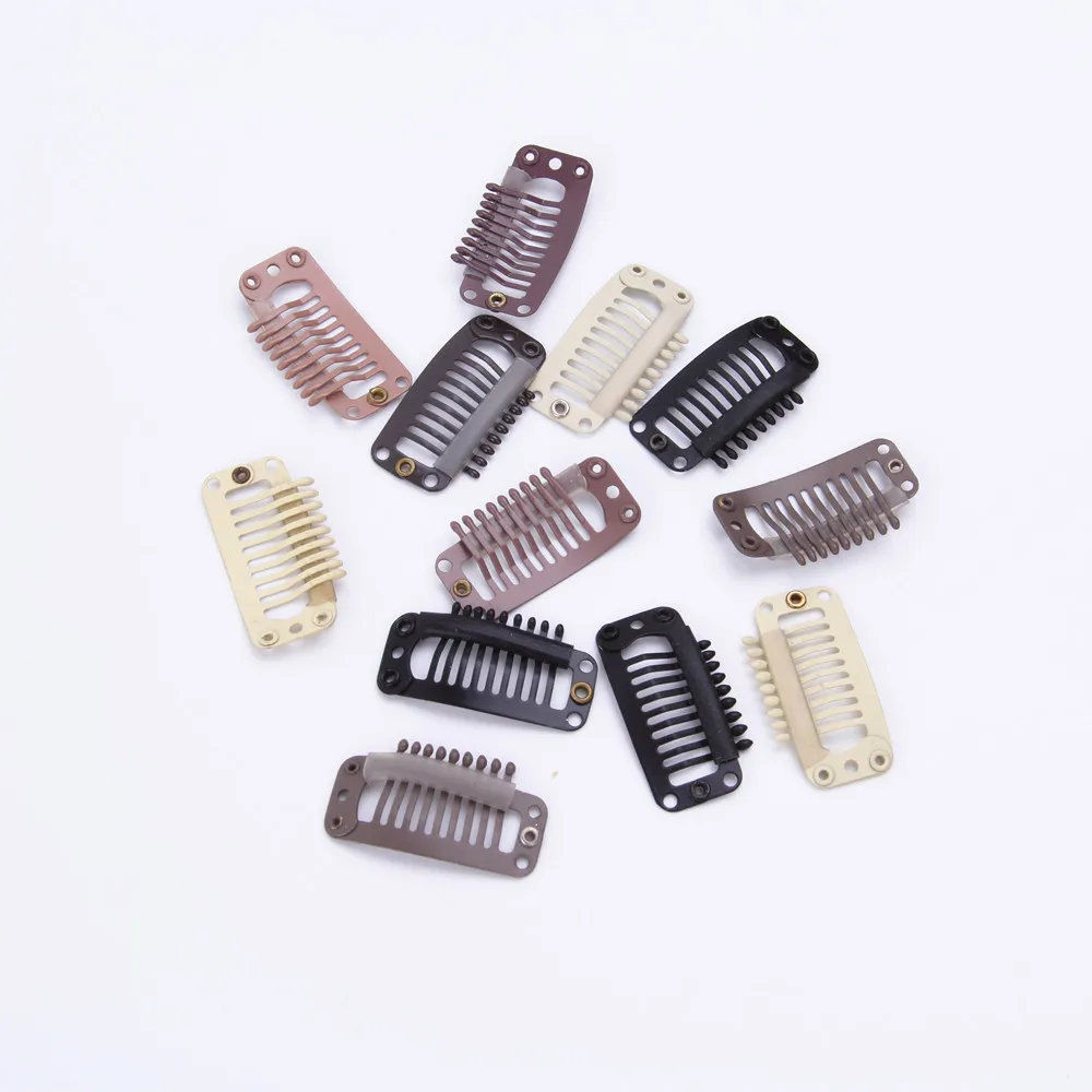 

32mm 9-teeth Hair Extension Clips Stainless Steel Wig Clips Combs Snap Clips with Rubber for Hair Extension Toupee DIY 10pcs