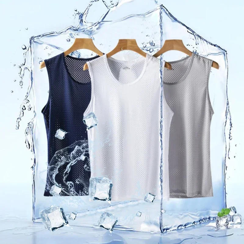 Mężczyźni Ice Silk Vest Mesh Undershirt Summer Thin Tank Top Fitness Sports Sleeveless Undershirt Male Bottoming Gym Running Vest New