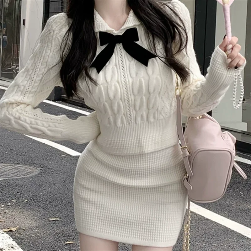 

Fall Winter Preppy Style Fashion Two-piece Sets Knitted Black Grey Slim Bow Sweater Jumper&Mini Pencil Skirt Cute Girl 2pc Suits