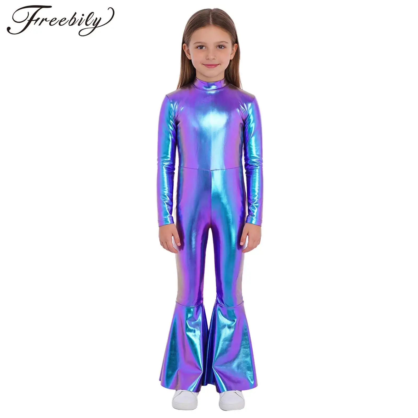 

Детский костюм для девочек в стиле диско 70-х годов, блестящий металлический комбинезон с расклешенными штанинами, костюм для Хэллоуина, карнавала, гимнастический костюм