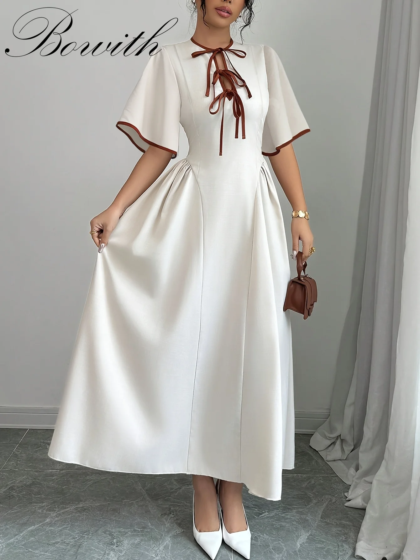 

Элегантное женское платье с открытыми плечами и бантом спереди по индивидуальному заказу — короткий рукав, завязанная талия, боковой разрез