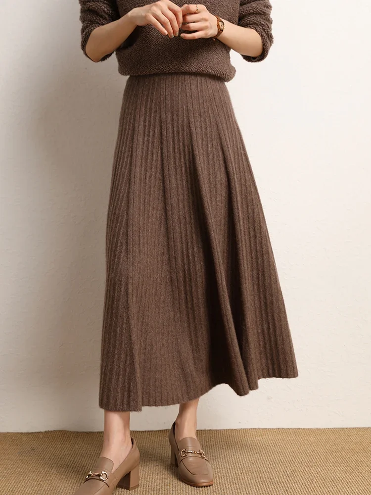 Classics Wave Skirt 100% Cashmere Women Long A-Line Dress Autumn Winter Skirt Elegant Female Oversized Pleated Dress Knit Dress