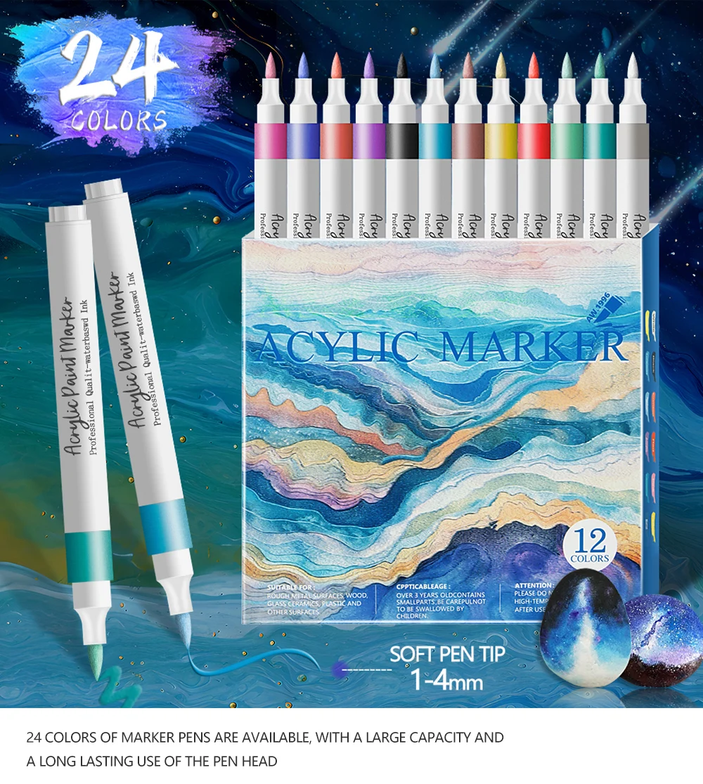 12/24 Farben Acryl-Markierungsstift mit weichem Kopf und verschiedenen Farben, Farbkunst-Graffiti-Stift, wasserfest, undurchsichtig, wasserbasiert mit weichem Kopf – Detail 1