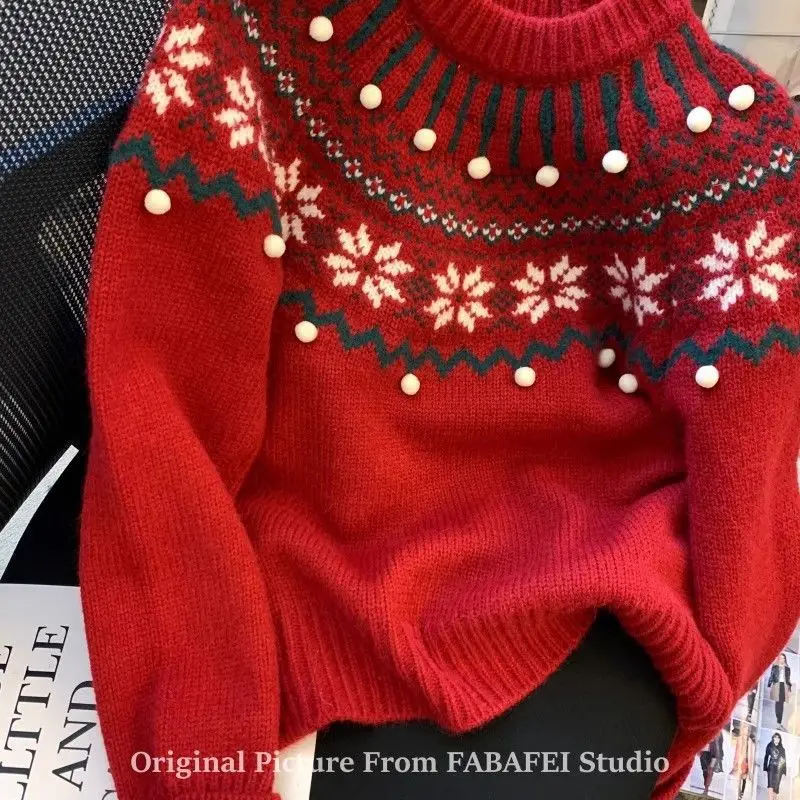 Świąteczny sweter damski z żakardowym wzorem Fair Isle na jesień i zimę, gruby, retro, luźny, uniwersalny top do noszenia pod ubraniem.