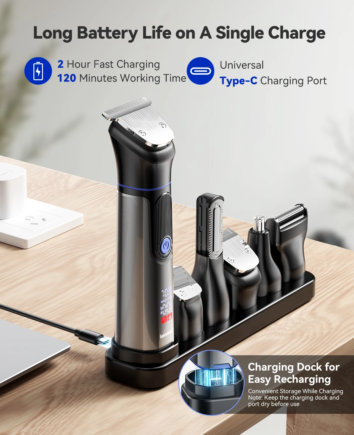 Kensen S38 Electric Hair Trimmer for Men 6 in 1 Body Hair Shaver Nose Beard Trimmer IPX6 Waterproof Hair Cutting Machine Barber image 5