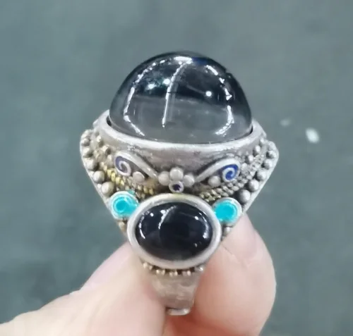 collection silver inlaid gemstone round temperature-changing egg surface ring holder, the higher the temperature, the more