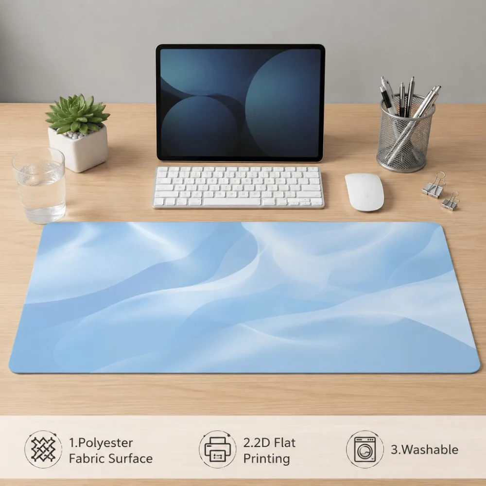 Abstract blue wave-printed table mat is suitable for the office. Its smooth surface is ideal for a simple desktop setup