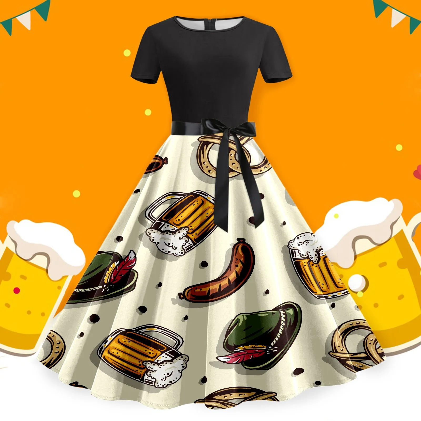 Sommer lässig Rundhals ausschnitt Oktoberfest drucken eine Linie Kleid Kurzarm abnehmbaren Gürtel schlanke Kleider Plissee Festival Kleid Frauen