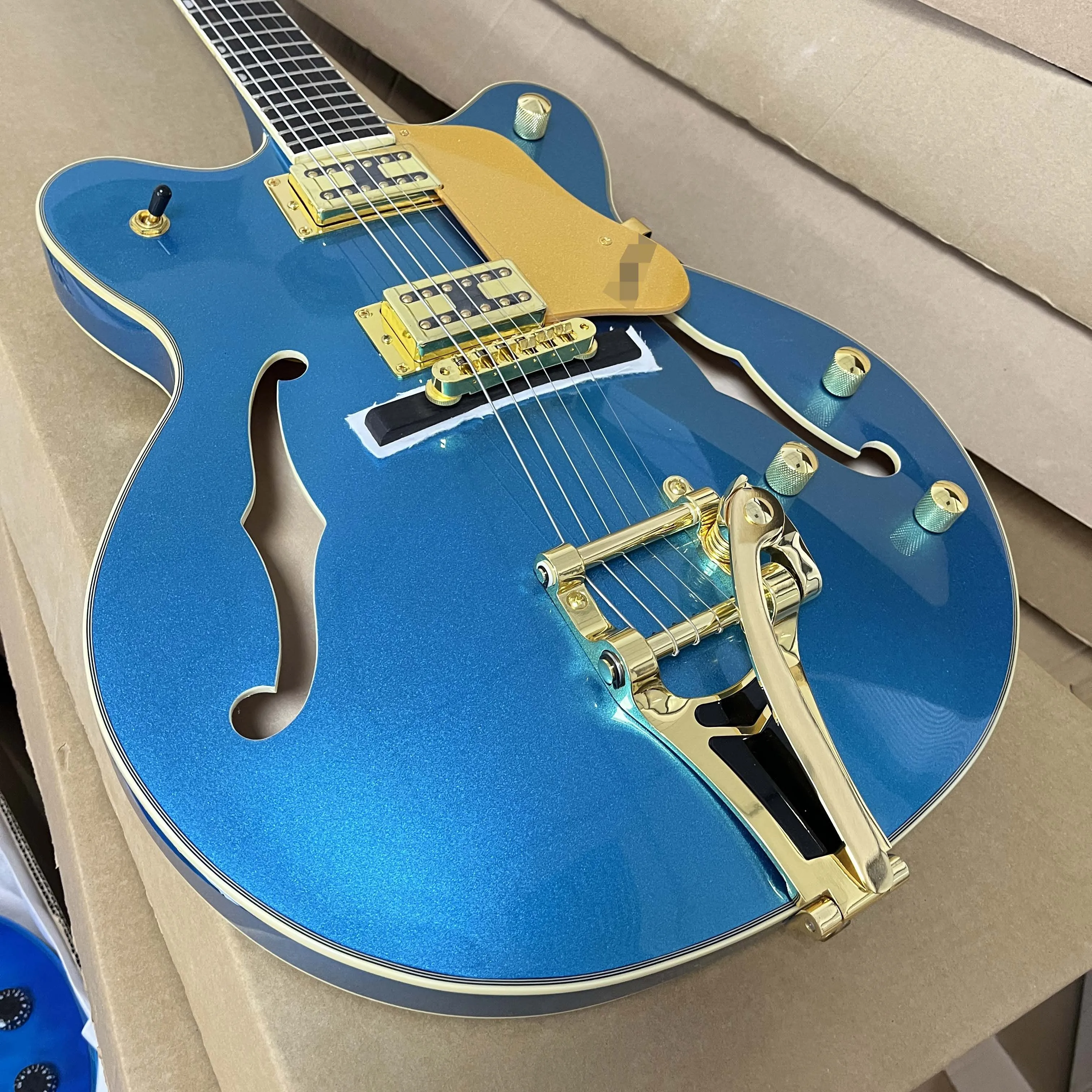 

Bright Blue Electric Guitar With Semi-Hollow Body And Gold Hardware - Electric Guitar Themed Gift Free Shipping