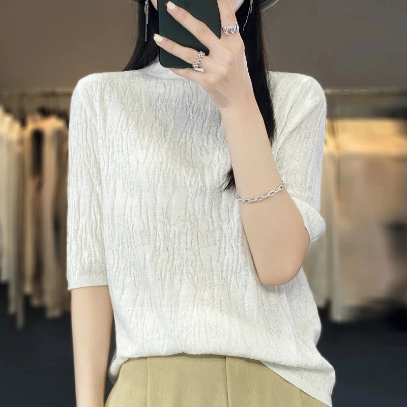 

Korean Folds Half Sleeve Sweater for Women Autumn Winter 2025 Loose Half High Collar Women'sweater Solid Pullover Jumper Lady