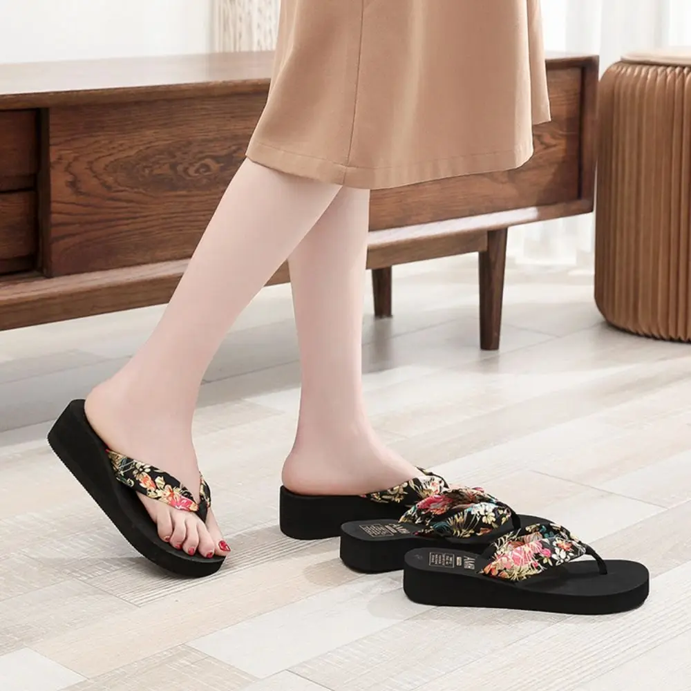 

Fashion Non-Slip Summer Flip-flop Bohemian Satin Thick Soled Slippers Soft Thick Sole High Heel Sandals Indoor/Outdoor