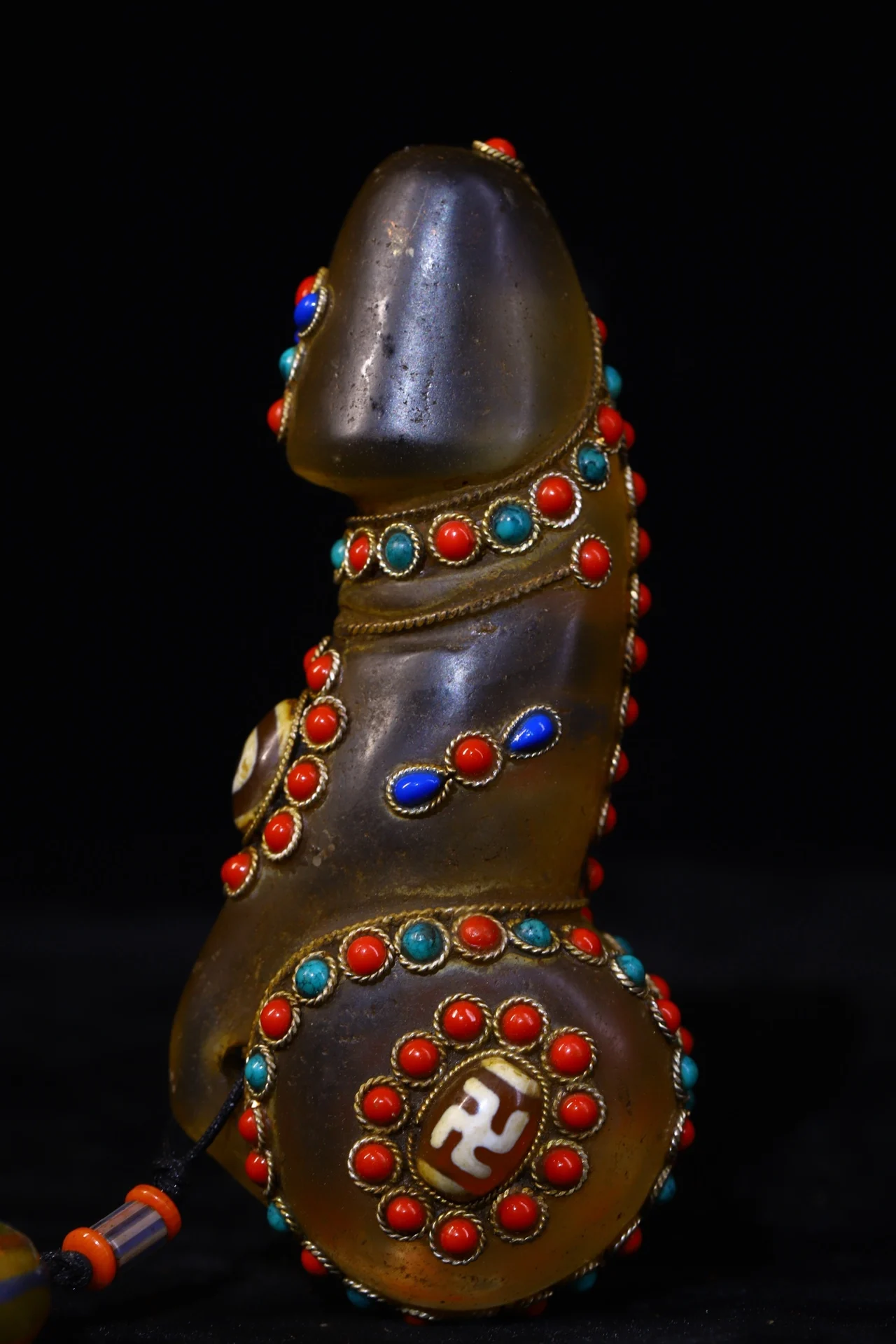 

4"Tibetan Temple Collection Old Natural Crystal Mosaic Gem gZi Beads Male Genitals Juyang Immortal Pendant Amulet Dharma