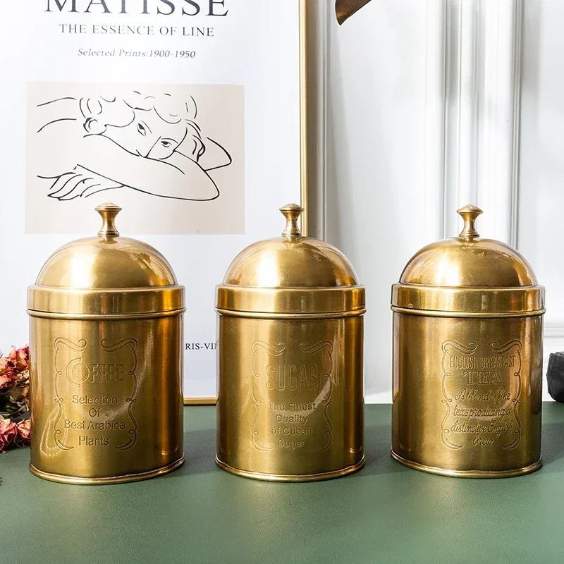 Retro Storage American High-end Storage Tank Handmade Brass Carved Sugar Box Coffee Sugar Tea Tank Ornaments