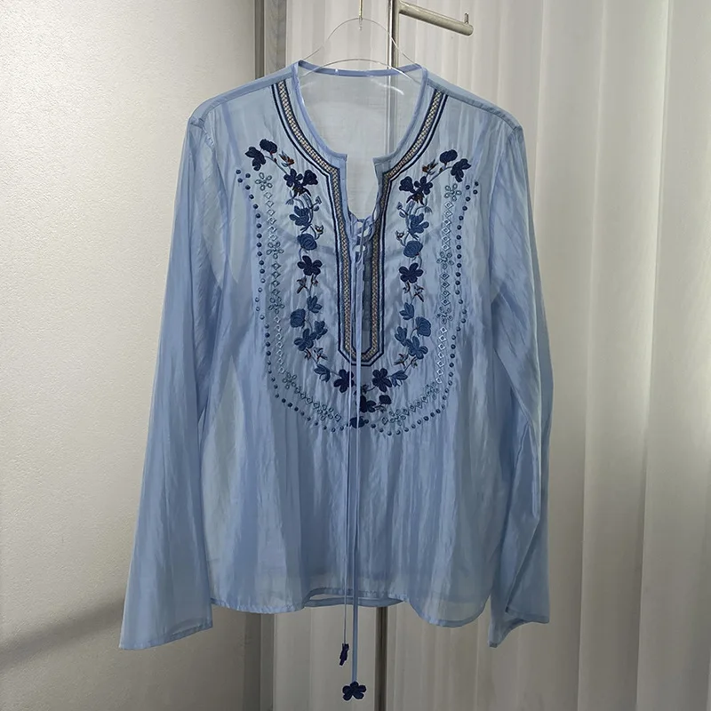 

2025 spring and summer new minority embroidery national style shirt top V-neck long sleeve perspective shirt female