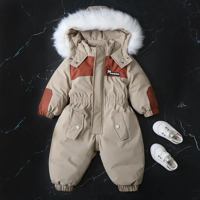 

-20 Degree 2024 Winter Baby Children's Ski Suit Boys Thicken Fur Lining Overalls Hooded Jumpsuit Girls Warm Snow Clothing