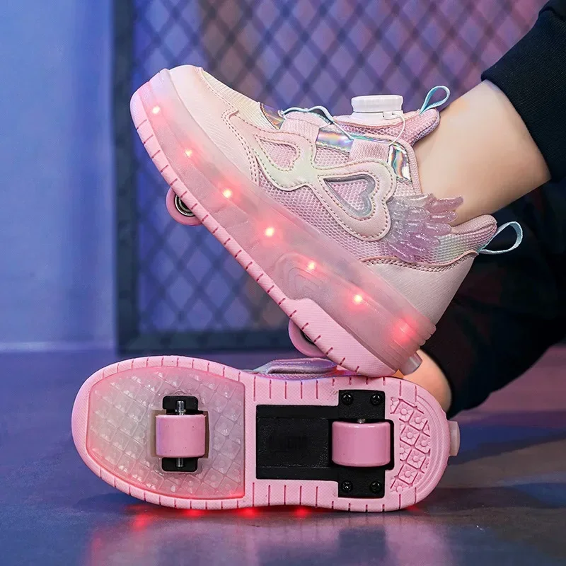 Girls Roller Skate Running Shoes Pupil Kids Shining Rotating Buttons Shoes Summer Trend New Children Wheels Luminous Sneakers