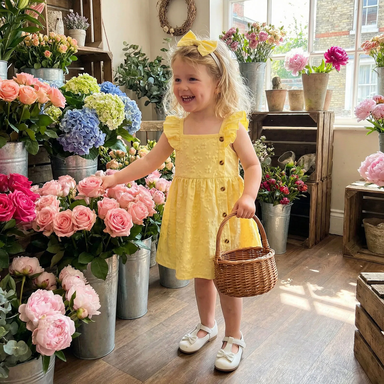 2026 Girls Sweet Princess Dress Summer Flying Sleeve Floral Embossed Dress with Bow Headband