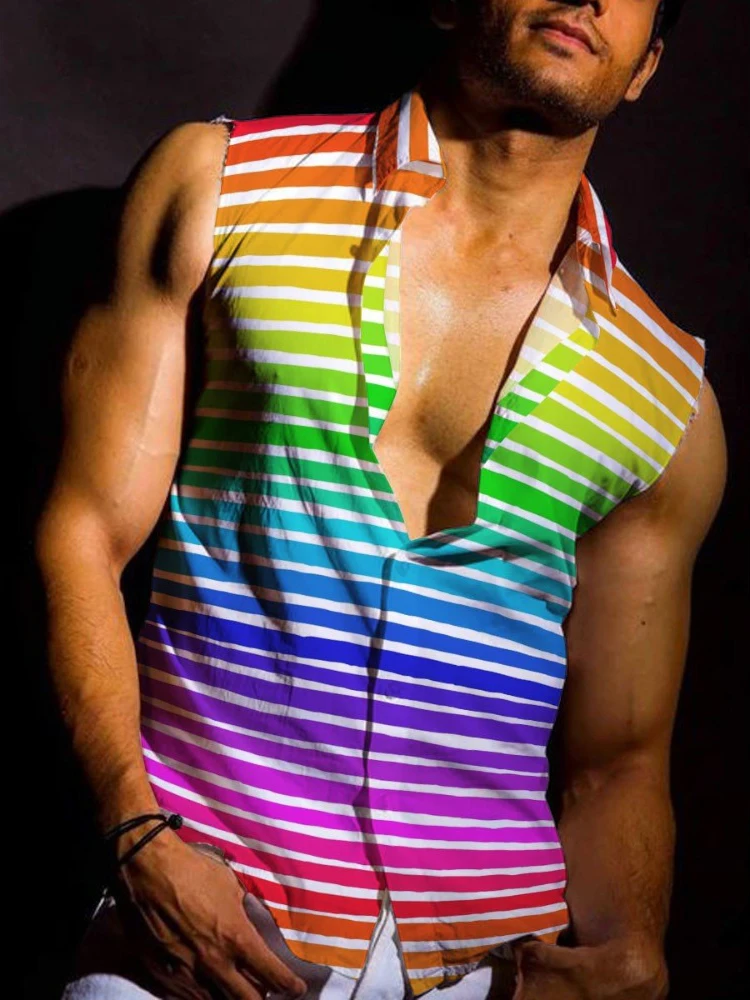 

Fashion Rainbow Colorful Print Men's Vest Sleeveless Shirt Casual Buttoned Turn-down Collar Tank Tops Summer Men Clothes Vintage